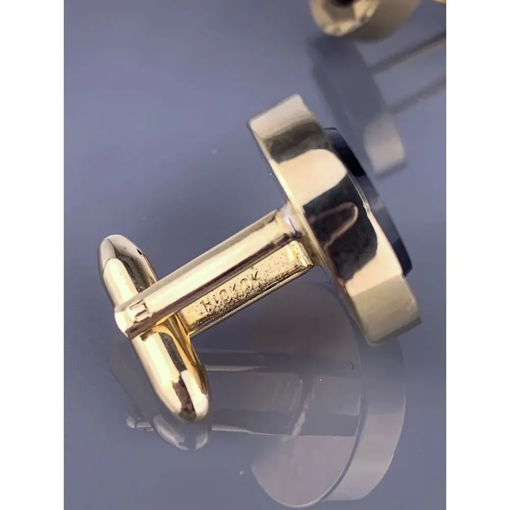 Round Black Obsidian Gold Tone Cufflinks Diamond Cut Edge Hickok Vintage